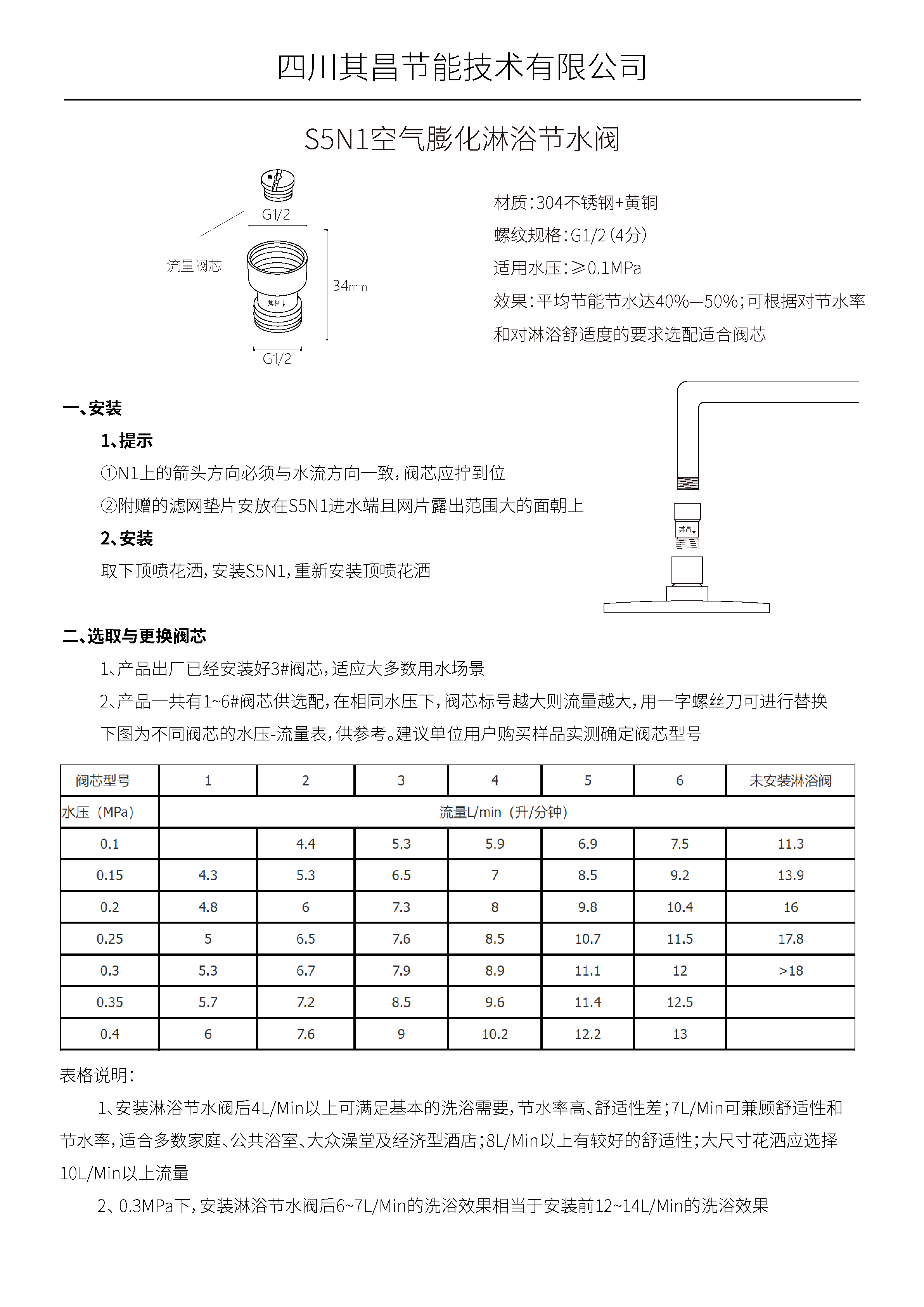 其昌淋浴节水阀S5N1说明书